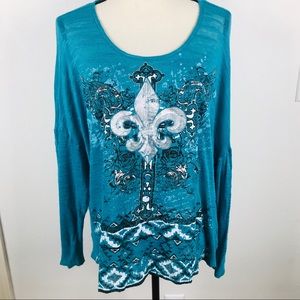 WOMENS TEAL  FLUER DE LIS LONG SLEEVE TOP
